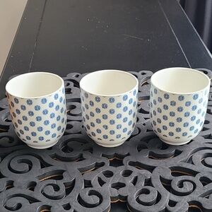 Set of Three Blue and White Patterned Cups